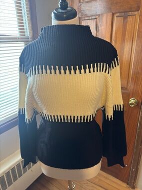 Colorblock Ribbed Cowl Sweater in Black & Cream
